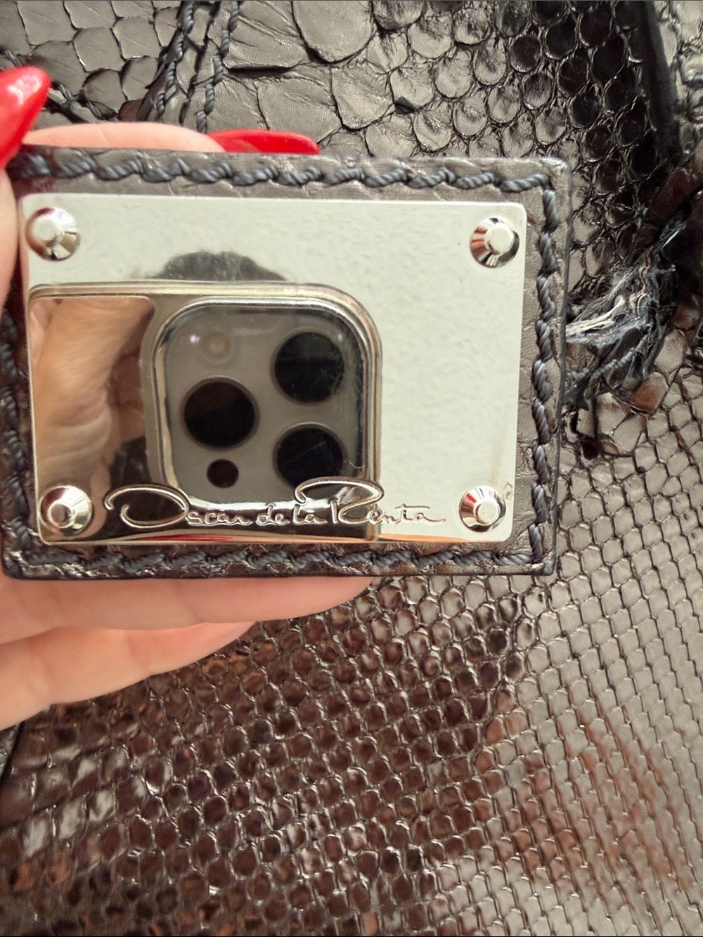 Oscar de la Renta Black Snake-Texture Phone Case with Silver Plate